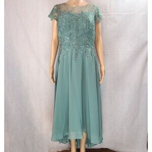 New Mother of the Bride (12) Dusty Sage Green Illusion Lace Chiffon Hi-Lo Dress